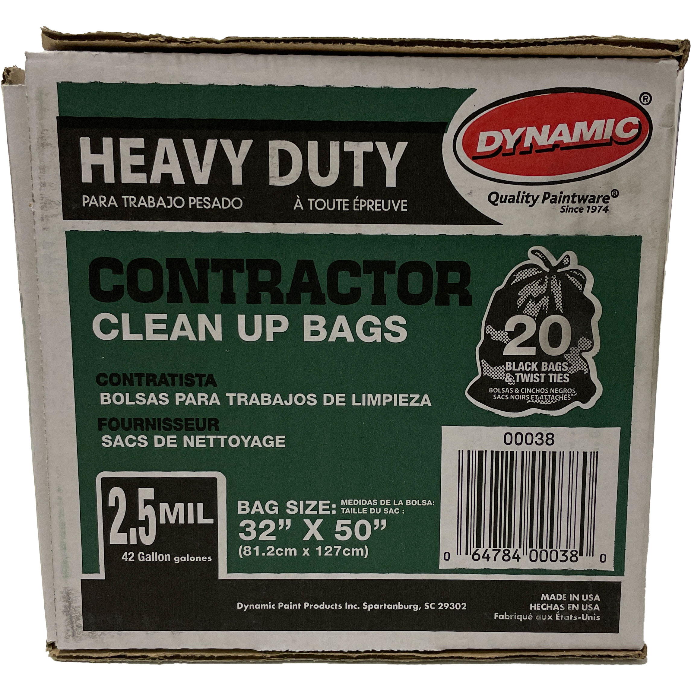 Dynamic 00038 Heavy Duty Black Contractor Bags, 42 Gallon, 2.5mil, 32" x 50", 20 Bags w/ Twist Ties