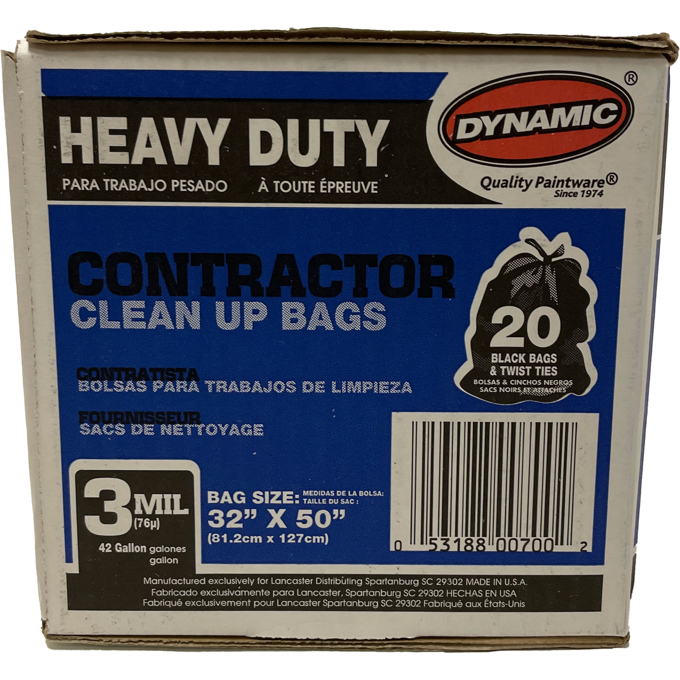 Dynamic 00700 Heavy Duty Black Contractor Bags, 3mil, 42 Gallon, 32" x 50", 20 Bags w/ Twist Ties