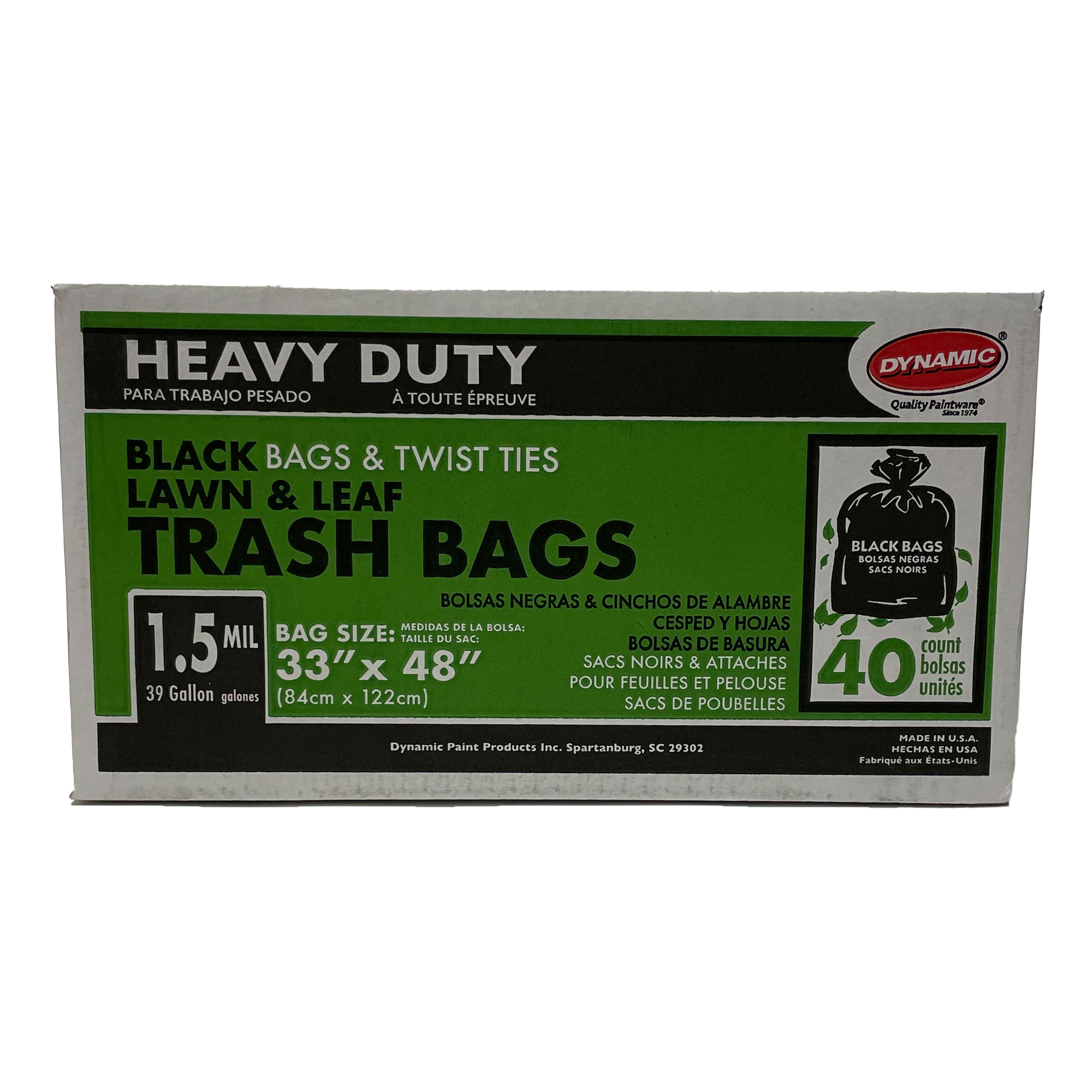 Dynamic 23305 Heavy Duty Black Lawn & Leaf Trash Bags, 1.5mil, 39 Gallon, 33" x 48", 40 Bags w/ Twist Ties