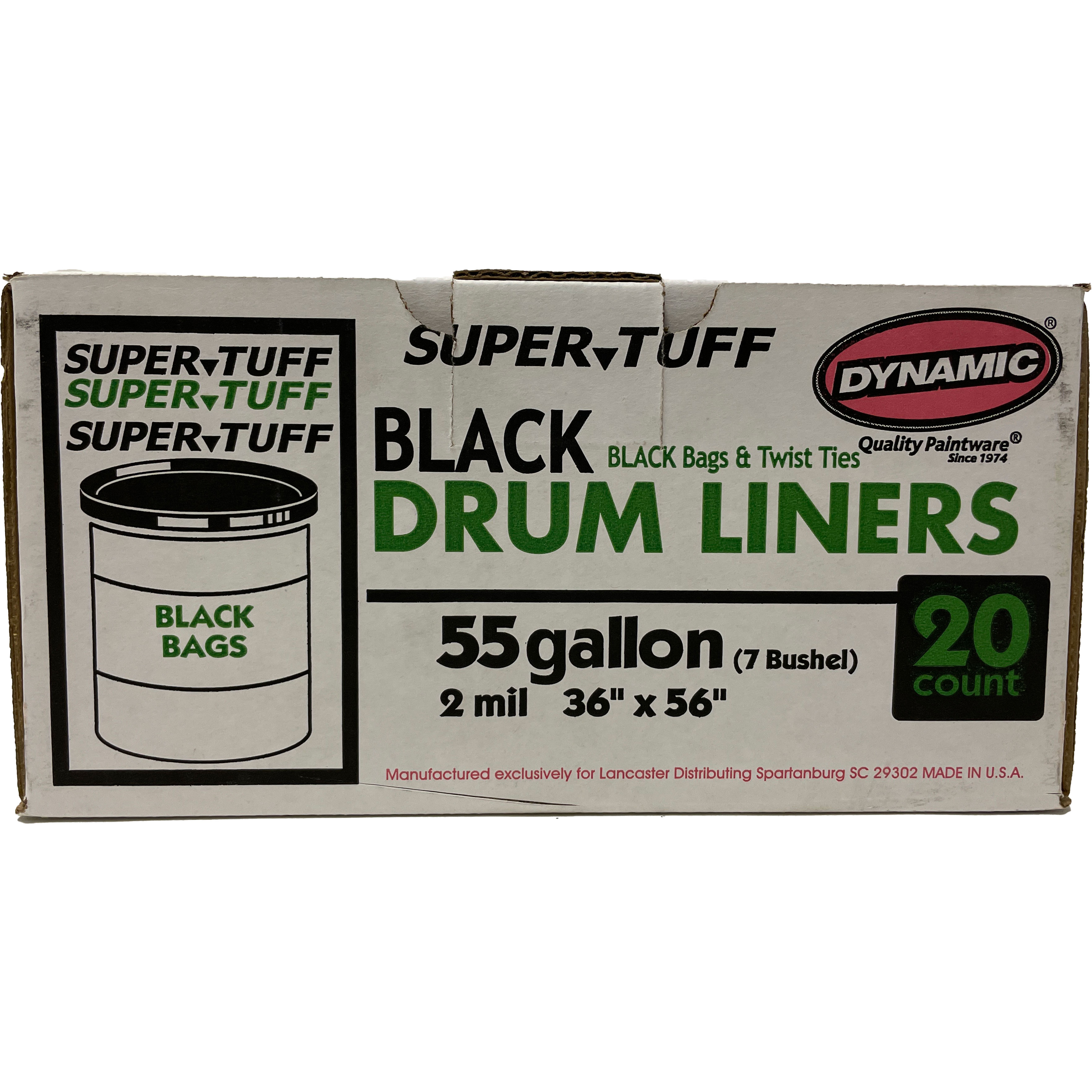 Dynamic 25502 Super Tuff Black Drum Liners, 55 Gallon, 36" x 56", 2mil, 20 Bags