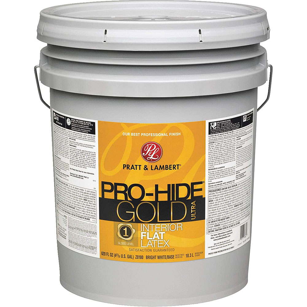 Pratt & Lambert Pro-Hide Gold Ultra Latex Interior Wall Paint, Z8180, Flat, Bright White/Base, 5 Gallons