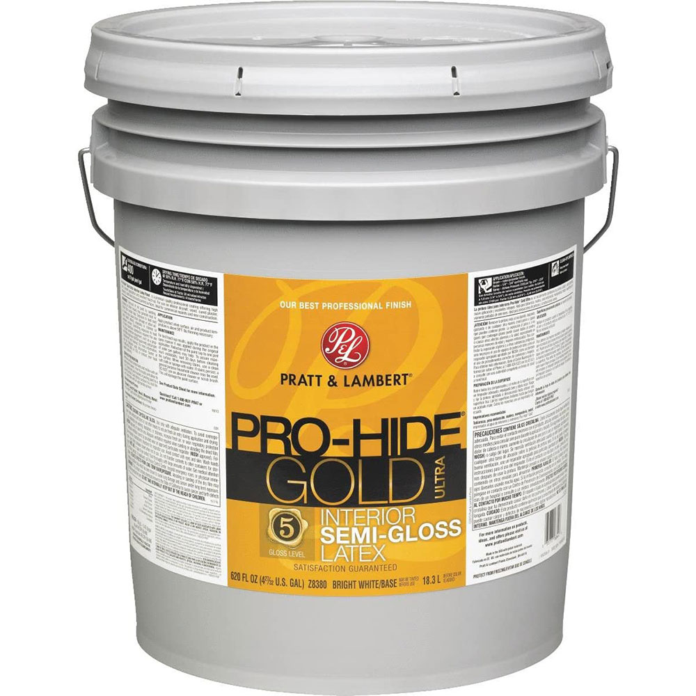 Pratt & Lambert Pro-Hide Gold Ultra Latex Interior Wall Paint, Z8380, Semi-Gloss, Bright White/Base, 5 Gallons