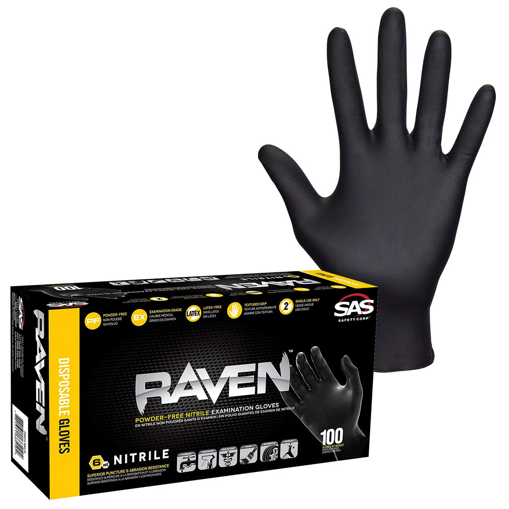 SAS Safety 66520 Raven XX-Large Disposable Nitrile Gloves, 7mil, Box of 100